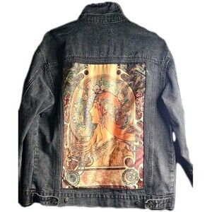 RARE ALPHONSE MUCHA X FOREVER 21 BLACK DISTRESSED DENIM JACKET LIMITED EDITION L